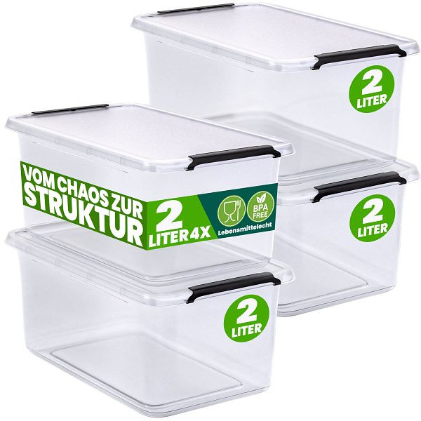 DEUBA Aufbewahrungsbox, VE: 4er-Set 20x15x12cm 2L transparent stapelbar, 996812