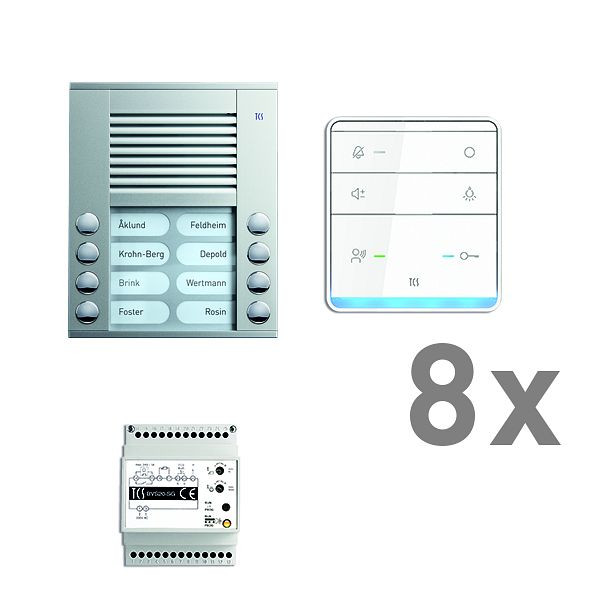TCS Türkontrollsystem audio:pack AP für 8 Wohneinheiten, mit Außenstation PES 8 Klingeltasten, 8x Freisprecher ISW5010, Steuergerät BVS20, PAAF082/003
