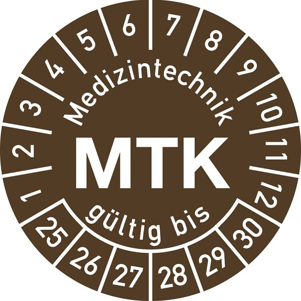 Moedel Prüfplakette Medizintechnik MTK 2025-2030, Polyesterfolie, Ø 15 mm, VE: 10 Stück/Bogen, 106424