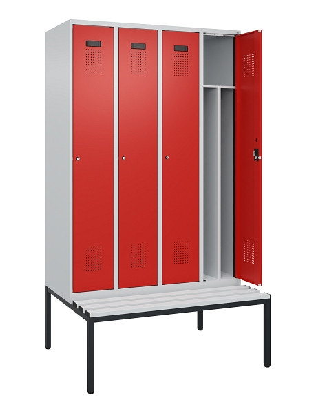 C+P Spind Evolo PLUS, 4 Abteile, 2120x1200x815mm, 7035/3020, Haken 4, Zylinderschloss, Sitzfläche Kunststoff, Sitzbank, 0490507-40F S10086