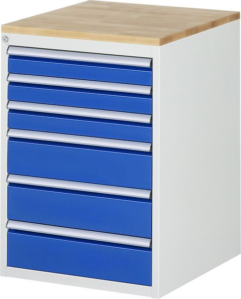 RAU Schubladenschrank Serie 7000, B580 x T650 x H825 mm, 6 x Schublade-Größe-L 3xH90, 3xH150 mm, Buche-Massiv-Arbeitsplatte, 03-L5.9A-B.11