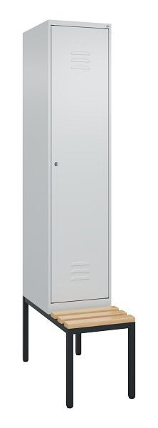 C+P Umkleidespind Classic PLUS, mit untergebauter Sitzbank, 2120x400x815mm, 7035/7035, Zylinderschloss, Buche-Sitzleisten, 0800507-12 S10053