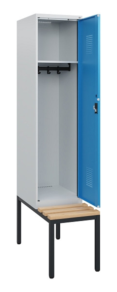 C+P Spind Evolo PLUS, 1 Abteil, 1950x400x815mm, 7035/5012, Zylinderschloss, Sitzfläche Holz, Sitzbank, 0490505-12 S10031