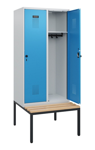 C+P Spind Evolo PLUS, 2 Abteile, 1950x800x815mm, 7035/5012, Drehriegel, Sitzfläche Buche-Hartholz, Sitzbank, 0490505-22 S10007