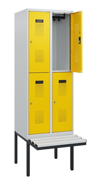 C+P Doppelstock-Spind Evolo PLUS, Bank, 4 Fächer, 1950x600x815mm, 7035/1023, Zylinderschloss, Sitzfläche Kunststoff, 0493405-20 S10136