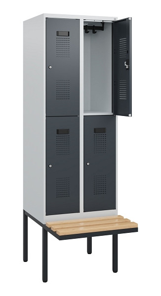C+P Doppelstock-Spind Evolo PLUS, Bank, 4 Fächer, 1950x600x815mm, 7035/7016, Zylinderschloss, Sitzfläche Buche-Hartholz, 0493405-20 S10039