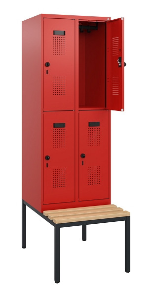 C+P Doppelstöckiger Spind Evolo PLUS, Bank, 4 Fächer, 1950x600x815mm, 3020/3020, Drehriegel, Sitzfläche Buche-Hartholz, Sitzbank, 0493505-20 S10034