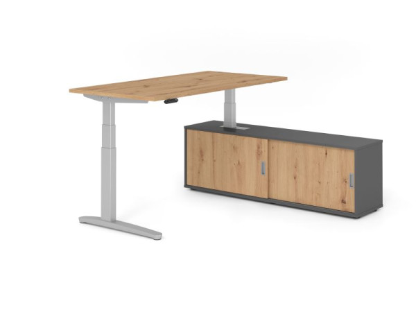 Hammerbacher Schreibtisch XBHM16, 160x80cm, Platte: Asteiche, 25mm dick, C-Fuß Gestell Silber, Höhe: 65 - 129 cm, Ahorn, SB/R/S/G/R, VXBHM16SB/R/S/G/R