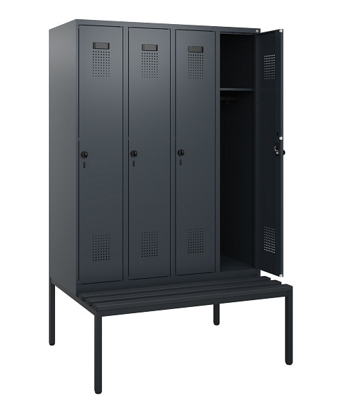 C+P Spind Evolo PLUS, 4 Abteile, 1950x1200x815mm, 7016/7016, Drehriegel, Sitzfläche Kunststoff, Sitzbank, 0490505-40 S10070