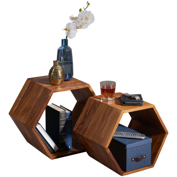 Wohnling Beistelltisch 2er Set KASA Sheesham Massivholz Design, WL5.672