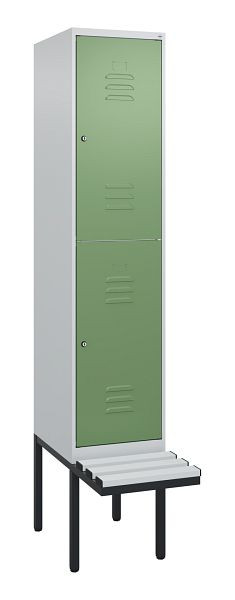 C+P Doppelstöckiger Spind Classic PLUS, 2120x400x815mm, 7035/6011, Zylinderschlösser, mit Untergestell und schwebender Sitzfläche, 0803407-12 S10021