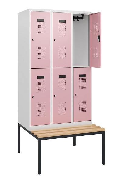 C+P Doppelstöckiger Spind Evolo PLUS, Bank, 6 Fächer, 1950x900x815mm, 9016/3015, Zylinderschloss, Sitzfläche Buche-Hartholz, Sitzbank, 0493505-30 S10045