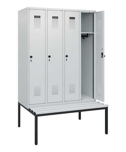 C+P Spind Evolo PLUS, 4 Abteile, 1950x1200x815mm, 7035/7035, Drehriegel, Sitzfläche Kunststoff, Sitzbank, 0490505-40 S10067