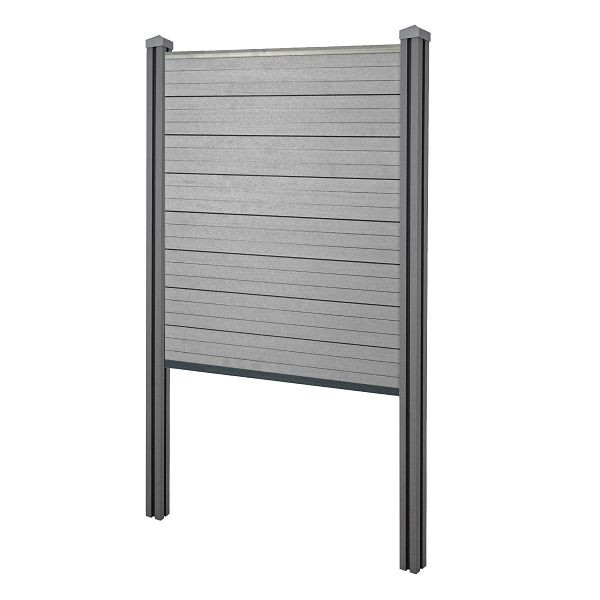 Mendler WPC-Sichtschutz Sarthe, Zaun Windschutz, WPC-Pfosten zum Einbetonieren, Basiselement schmal, 105cm grau, 2x64890+76237+76240+76261