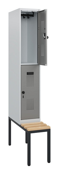C+P Doppelstöckiger Spind Evolo PLUS, Bank, 2 Fächer, 1950x300x815mm, 7035/0004, Drehriegel, Sitzfläche Buche-Hartholz, Sitzbank, 0493505-10 S10014