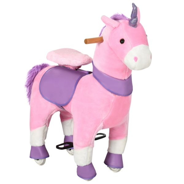 HOMCOM Reitpferd, Einhorn Stehpferd auf Rollen, Stehpferd mit 2 Pedalen, Rosa, 330-153V00PK