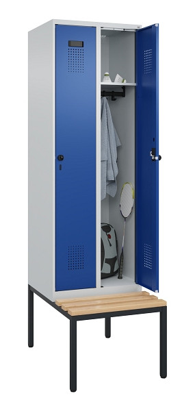 C+P Spind Evolo PLUS, 2 Abteil, 2120x600x815mm, 7035/5010, Drehriegel, Sitzfläche Buche-Hartholz, Sitzbank, 0490507-20 S10006