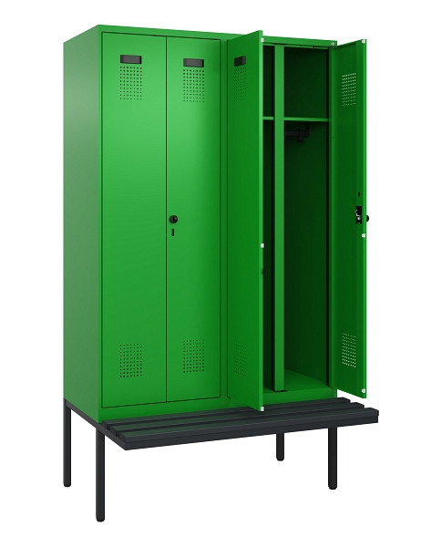 C+P Schwarz-Weiß-Spind Evolo PLUS, Bank, 4 Abteile, 2120x1200x815mm, 6037/6037, Drehriegel, Material Sitzfläche Kunststoff, 0490427-40 S10080