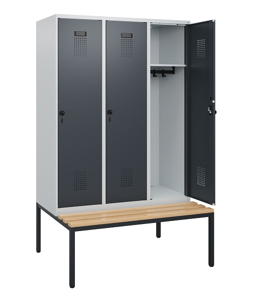 C+P Spind Evolo PLUS, 3 Abteile, 1950x1200x815mm, 7035/7016, Drehriegel, Sitzfläche Buche-Hartholz, Sitzbank, 0490505-32 S10012