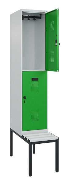 C+P Doppelstock-Spind Evolo PLUS, Bank, 2 Fächer, 2120x400x815mm, 7035/6037, Drehriegel, Sitzfläche Kunststoff, Sitzbank, 0493507-12 S10092