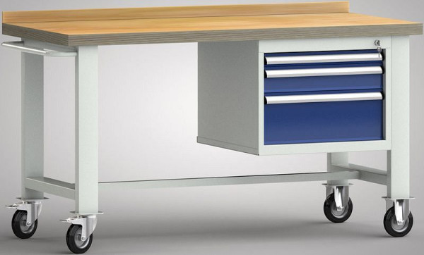 KLW Fahrbare Profi-Werkbank 1500 mm lang mit Buchen-Multiplexplatte 1500 x 700 x 45 mm, mit Rückbrett, WP812N-1500M45-E7021