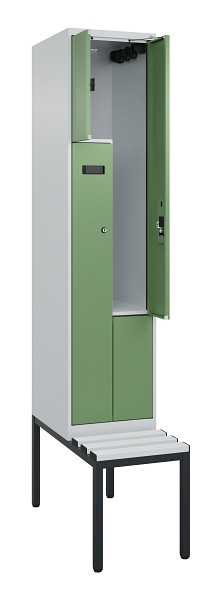 C+P Z-Spind Evolo PLUS, Bank, 2 Fächer, 2120x400x815mm, 7035/6011, Zylinderschloss, Sitzfläche Kunststoff, Sitzbank, 0490537-122 S10091