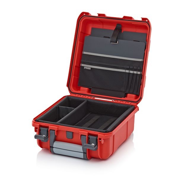 Auer Schutzkoffer Pro Trolley, Blutorange, mit 2 gleichschließenden Schlössern, Laptopeinsatz 13" mit Deckeltafel Band grau, CP S 4422 B3-2002