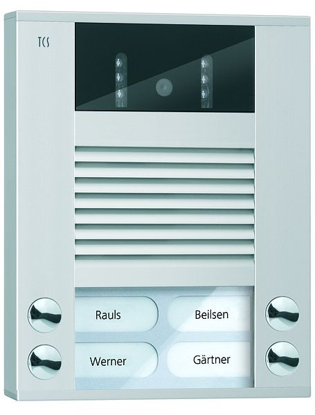 TCS Video-Außenstation mit 130-Grad-Kamera Serie AVE mit 4 Klingeltasten (rechts-/linksbündig), AP silber, AVE14043-0010