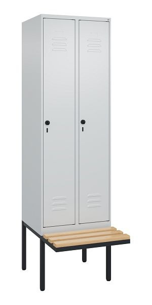 C+P Umkleidespind Classic PLUS, 2 Abteile, 2120x600x815mm, 7035/7035, Drehriegel, Buche-Sitzleisten, 3 Doppel-Haken, 0800407-20 S10010