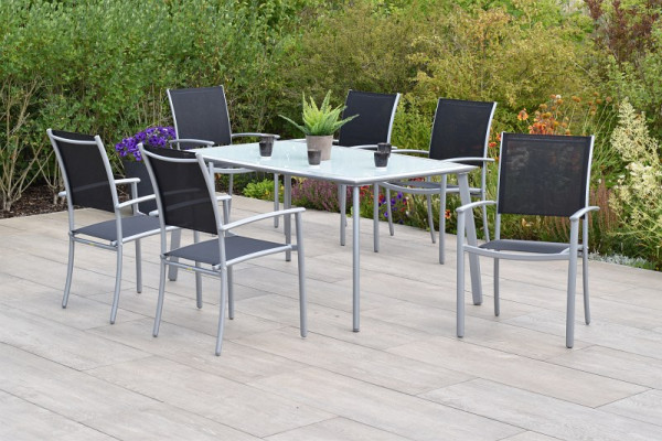 Merxx Milano Set 7-teilig, 6 Milano Stapelsessel, schwarz, 1 Tisch 150 x 90 cm, Alumiuniumgestell mit Textilbespannung, 50884-317