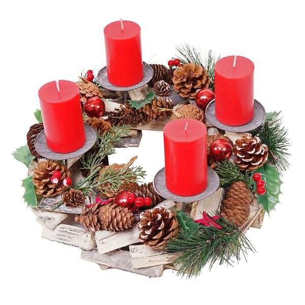 Mendler Adventskranz HWC-H49, Weihnachtsdeko Adventsgesteck Weihnachtsgesteck, Holz rund Ø 33cm, inkl. 4x Kerzen rot, 73493