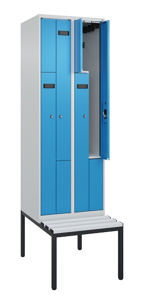 C+P Z-Spind Evolo PLUS, Bank, 4 Fächer, 2120x600x815mm, 7035/5012, Zylinderschloss, Sitzfläche Kunststoff, Sitzbank, 0490537-204 S10088