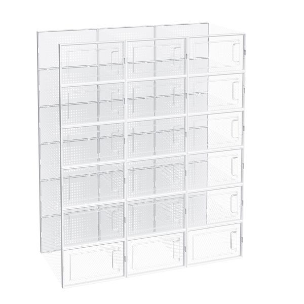 SONGMICS Schuhkartons, Packung mit 18 stapelbaren Schuhaufbewahrungsorganisatoren, passen bis zur UK-Größe 10,5, transparent und weiß, LSP18SWT