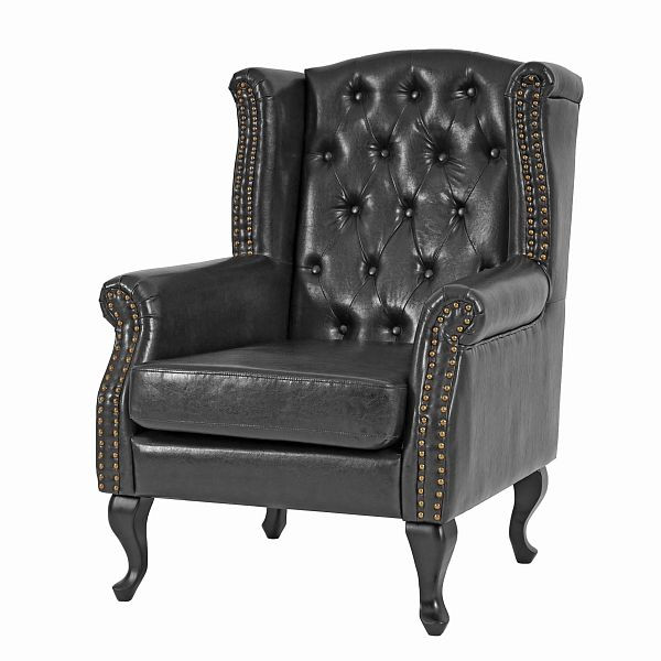 Mendler Sessel Relaxsessel Clubsessel Ohrensessel Chesterfield, Kunstleder, schwarz ohne Ottomane, 32436+32437