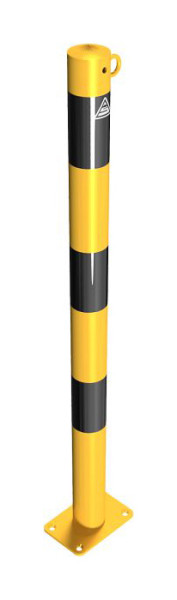 Schake Absperrpfosten Stahlrohr Ø 60 x 2,5 mm gelb / schwarz, ortsfest, für Dübel Befestigung mit Bodenplatte 100 x 150 mm, mit 1 Öse, 460PBG/1