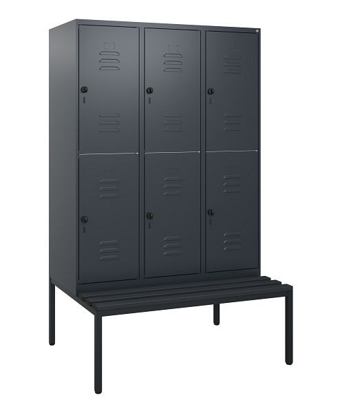 C+P Doppelstöckiger Spind Classic PLUS, 3 Abteile, 1950x1200x815mm, 7016/7016, Drehriegel, mit untergebauter Sitzbank, 0803505-32 S10072