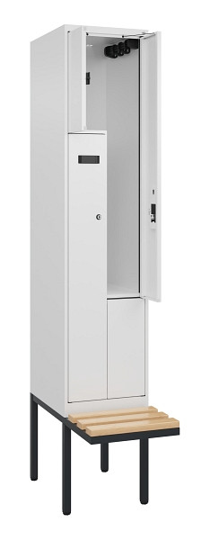 C+P Z-Spind Evolo PLUS, Bank, 2 Fächer, 2120x400x815mm, 9016/9016, Zylinderschloss, Sitzfläche Holz, 0490437-122 S10047