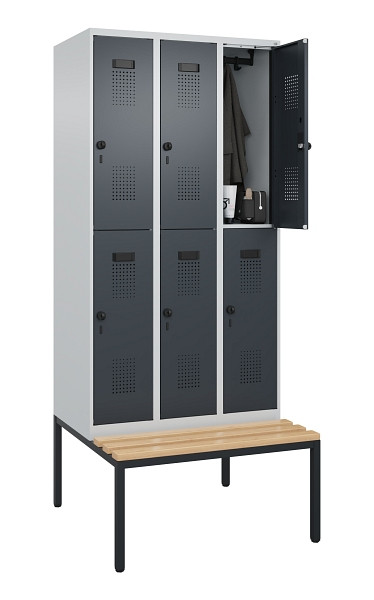 C+P Doppelstock-Spind Evolo PLUS, Bank, 6 Fächer, 2120x900x815mm, 7035/7016, Drehriegel, Sitzfläche Buche-Hartholz, Sitzbank, 0493507-30 S10012