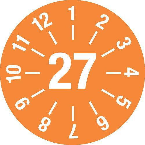 DENIOS Prüfplakette "27", mit Strichen, orange, Folie, selbstklebend, 25 mm, VE: 5 Bogen à 15 Stück, 290078