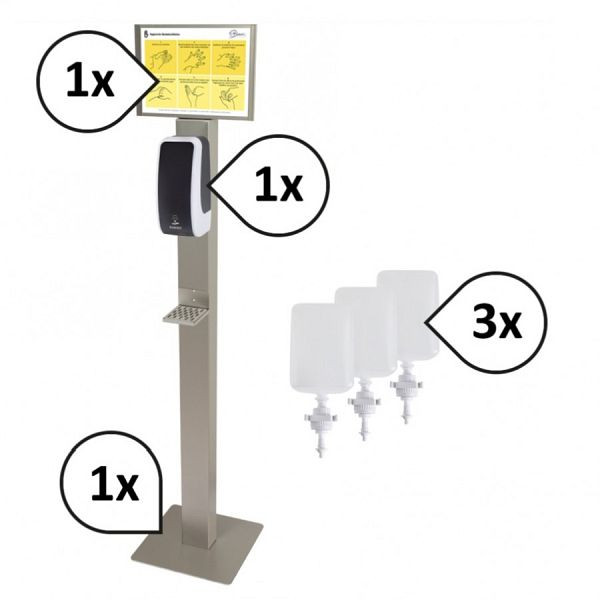 Blanc Hygienic SET: Desinfektionsspender SENSOR Cosmos + Bodenständer, Infotafel, Desinfektion & Hygieneplan, Farbe: schwarz/weiß, PS-BodS-CDM-DES-5150WS