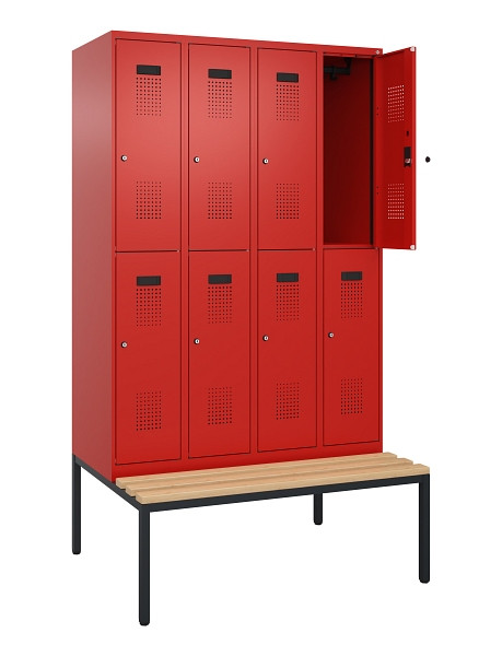 C+P Doppelstock-Spind Evolo PLUS, Bank, 8 Fächer, 2120x1200x815mm, 3020/3020, Zylinderschloss, Sitzfläche Buche-Hartholz, Sitzbank, 0493507-40 S10052