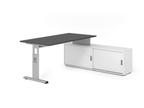 Hammerbacher Aufsatz-Schreibtisch OSE16, 160x80cm, Platte: Graphit, 25mm dick, T-Fuß Gestell Silber, Weiß / Weiß, VOSE16SB/G/S/W/W