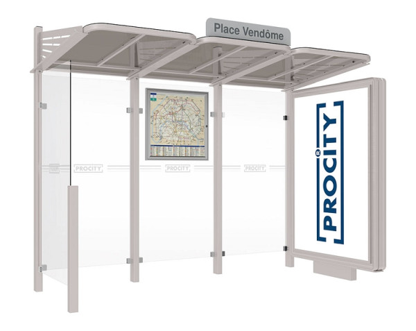 Procity Wartehalle Convi® - Standard - 1 Beleuchteter Caisson Rechts + 1 Seitenverkleidung Links, Farbe RAL 7044, 529366.7044