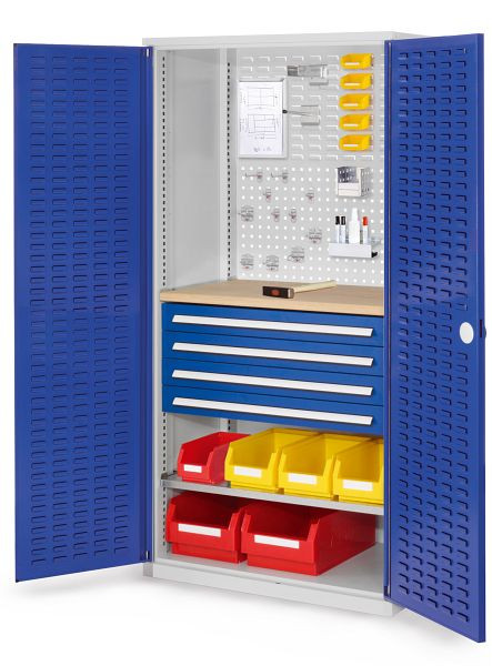 Kappes RasterPlan Schubladenschrank, Modell 26, RAL 7035/5010, Türinnenseite: Schlitzplatten 1950 x 1000 x 600 mm, 4 Schubladen H 100 mm, 1460.06.4016