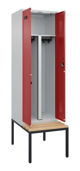 C+P PSA Doppel-Spind Evolo PLUS, Bank, 2 Abteile, 2120x600x815mm, 7035/3000, Zylinderschloss, Sitzfläche Buche-Hartholz, Sitzbank, 0490527-20P S10030