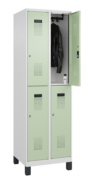 C+P Doppelstöckiger Spind Evolo PLUS, mit Füßen, 4 Fächer, 1950x600x500mm, 9016, Frontfarbe RAL 6019 Weissgrün, Zylinderschloss, 049310-20 S10046