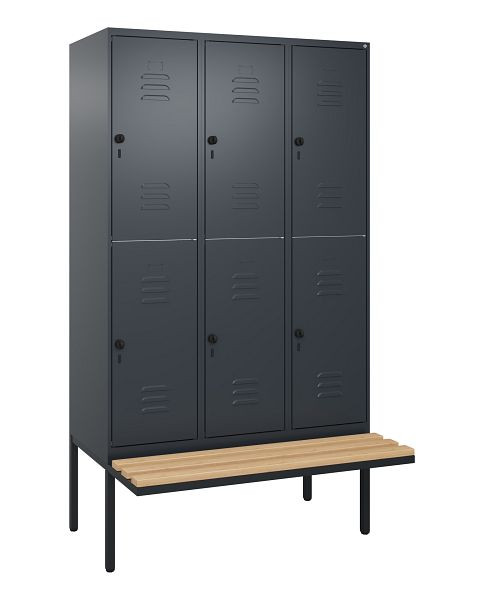 C+P Doppelstöckiger Spind Classic PLUS, 3 Abteile, 2120x1200x815mm, 7016/7016, Drehriegel, Sitzleisten aus Buche, schwebende Sitzfläche, 0803407-32 S10012