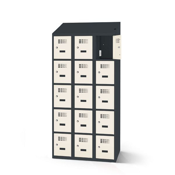 Rotstahl Fächerschrank, 15 Fächer, kurzer Sockel, mit Ladefunktion, Schrägdach, Korpus: anthrazitgrau, Türen: reinweiß, 2180-030500-0901112-7016-9010