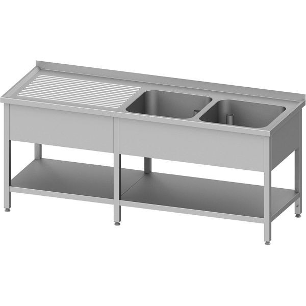 Stalgast Edelstahl Spültisch mit Grundboden, 2000x600x850 mm, mit zwei Becken rechts, mit Aufkantung, verschweißt, VST20623RA