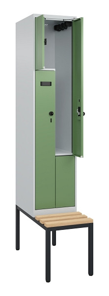 C+P Z-Spind Evolo PLUS, Bank, 2 Fächer, 2120x400x815mm, 7035/6011, Drehriegel, Sitzfläche Buche-Hartholz, Sitzbank, 0490537-122 S10002